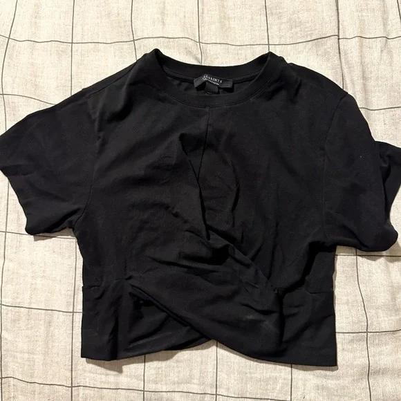 All Saints Black Crop Twisted Front Hem T-Shirt - Picture 5 of 9